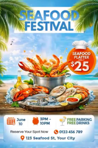 Seafood Festival Flyer Template | Beach Seafood Party Poster | Restaurant Food Promotion Design | Su