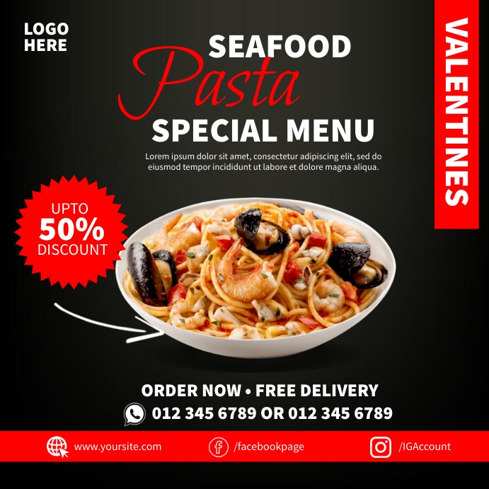 Seafood Pasta Valentines Menu Publicação no Instagram template