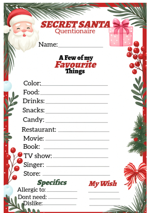 Secret Santa Questionnaire Template | PosterMyWall