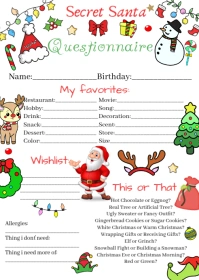 Secret Santa Questionnaire Printable, Secret Santa questionnaire for kids A6 template
