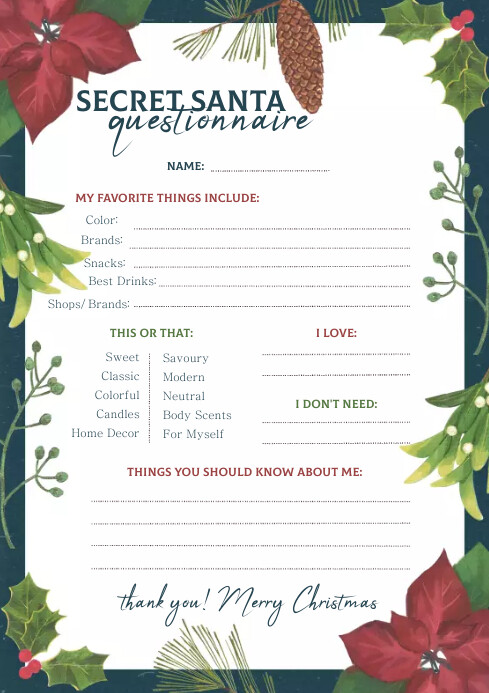 secret santa questionnaire printable template | PosterMyWall Secret santa questionnaire printable template | PosterMyWall