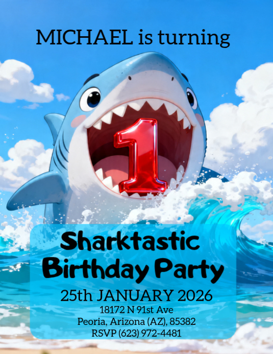 shark 1st birthday party invitation Template | PosterMyWall