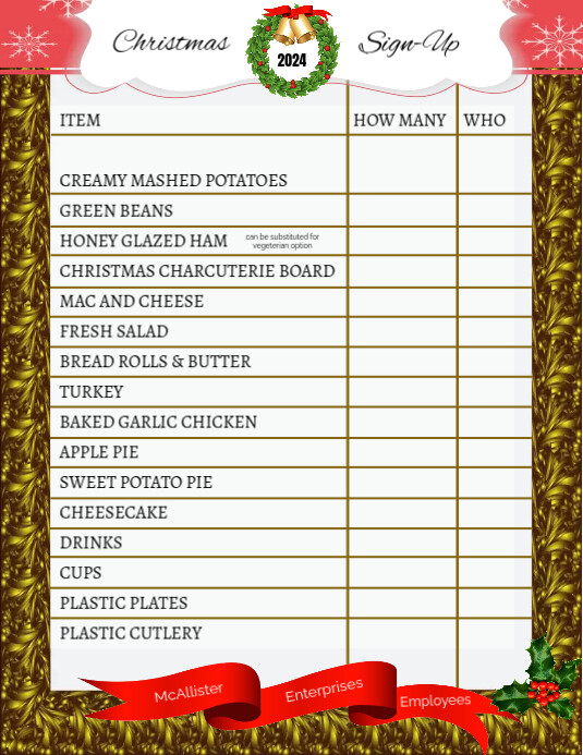 sign in sheet, christmas dinner, potluck, church, party, corporate Flyer (US Letter) template