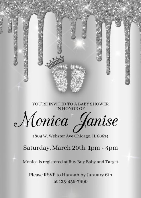 Silver Glam Footprint Baby Shower Invitation Template | PosterMyWall Silver Glam Footprint Baby Shower Invitation Template | PosterMyWall