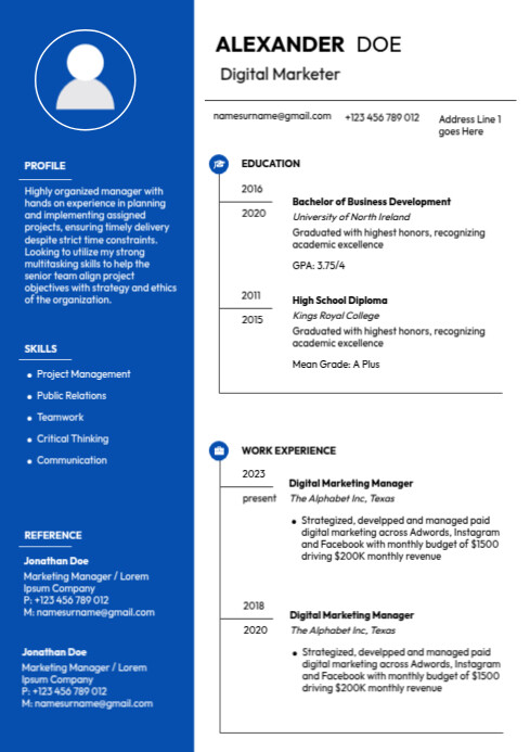 Simple 1 page resume A4 template