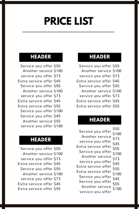 Simple Black and white price list template multipurpose Affiche