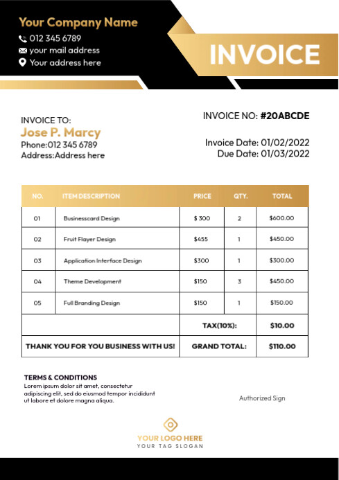 Gold Invoice Template | PosterMyWall