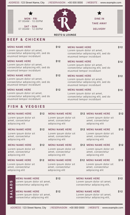 Simple Food Menu - Resto & Lounge Template | PosterMyWall