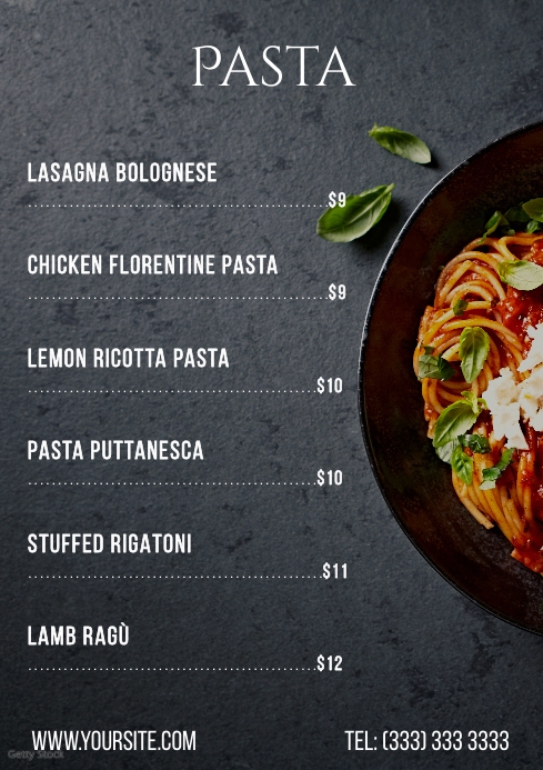 Simple Pasta menu table a4 printable Template | PosterMyWall