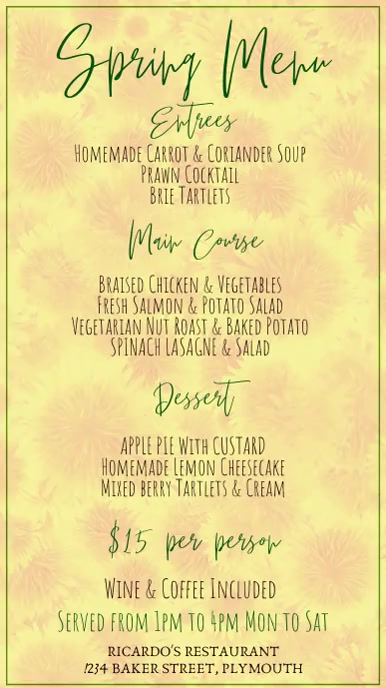 Simple Spring Menu Digital Template | PosterMyWall