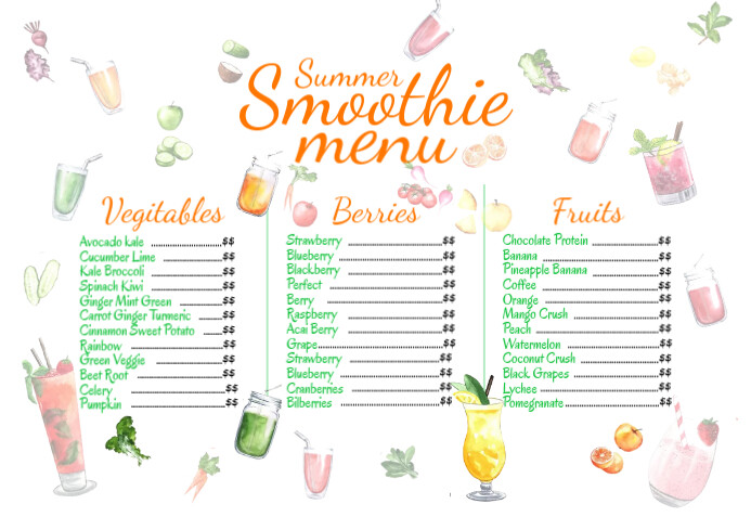 Smoothie Menu Card Template A4