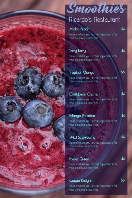 Smoothie Menu Template Postermywall