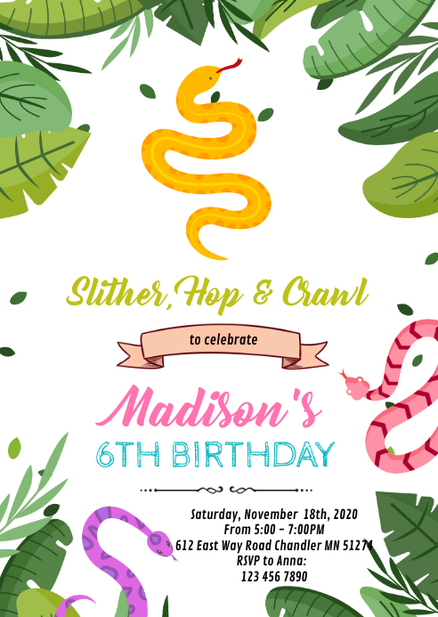 Snake Reptile birthday party invitation Template | PosterMyWall