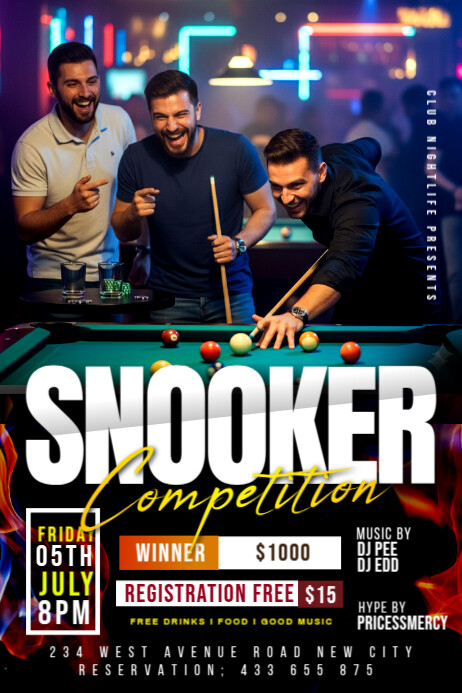 Snooker competition pool table tournament billiards match championship sports bar flyer template Poster