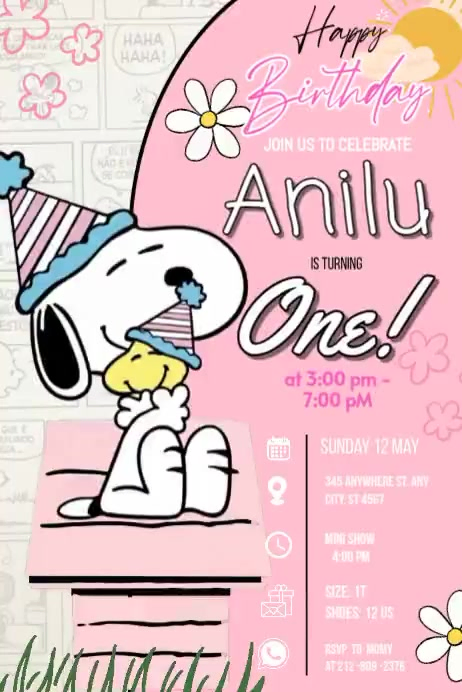 Modèle Snoopy Girl Pink First Birthday One Invitation Poster Video ...