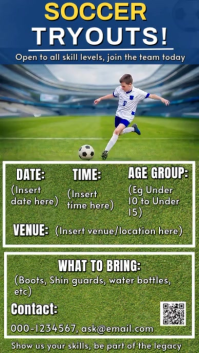 Soccer Tryouts Flyer Template | Football Team Recruitment Poster | Youth Sports Event Editable Desig Display digitale (9:16)