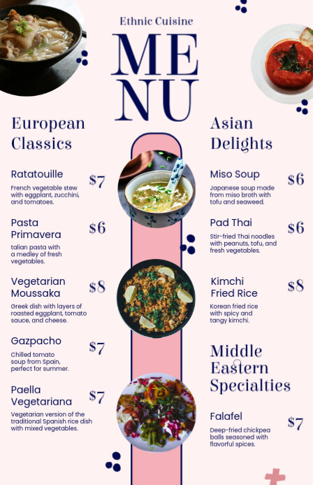 Ethnic Menu. Example Soft Pink Business Style Ethnic Cuisine Menu (Half Page Wide) Templat ...