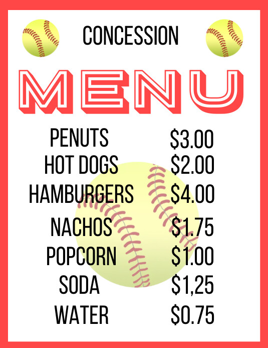 Softball Concession Menu Template | PosterMyWall