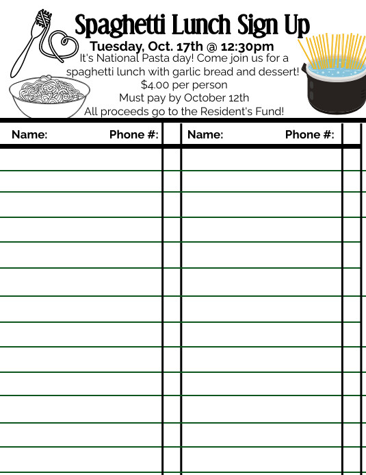 Spaghetti luncheon lunch sign up sheet flyer Template PosterMyWall
