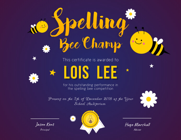 Spelling Bee Certificate Iflaya (Incwadi ye-US) template