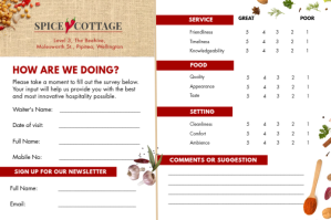 Spice cottage restaurant comment card Etiket template
