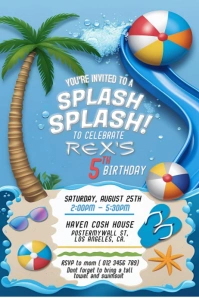 Splash Pool Party Birthday Invitation | Summer Water Slide Kids Invite Poster template