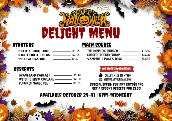 Spooky Halloween Delight Feast Menu Template | PosterMyWall