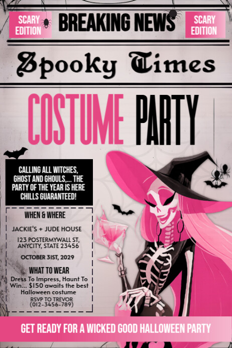 Spooky Times Halloween Costume Party Flyer  Editable Pink Skeleton Witch  Invite Template | PosterMyWall
