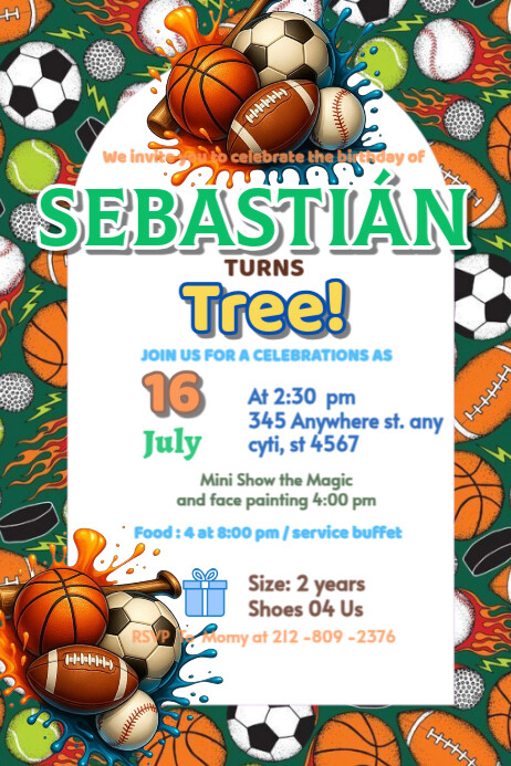 Sport invitation happy Brithday party temple flayer editablet celebration kids Cartaz template