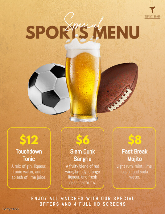 Sports Bar Menu Football Flyer Folheto (US Letter) template