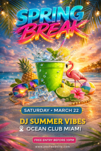 Spring Break Beach Party Flyer Template | Tropical DJ Night Club Event Poster | Summer Party Promoti