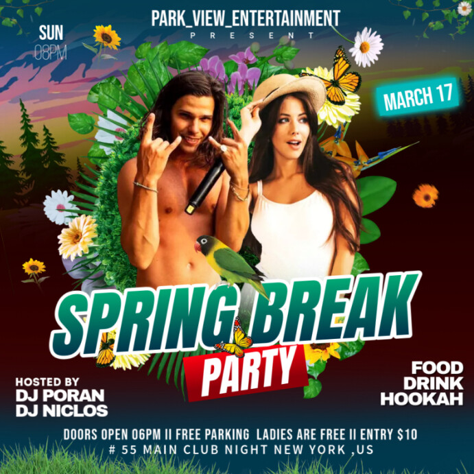 Spring Break Party flyer Instagram Post template