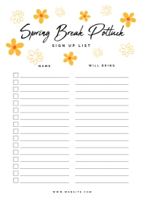 Spring Break Potluck sign up list template A4