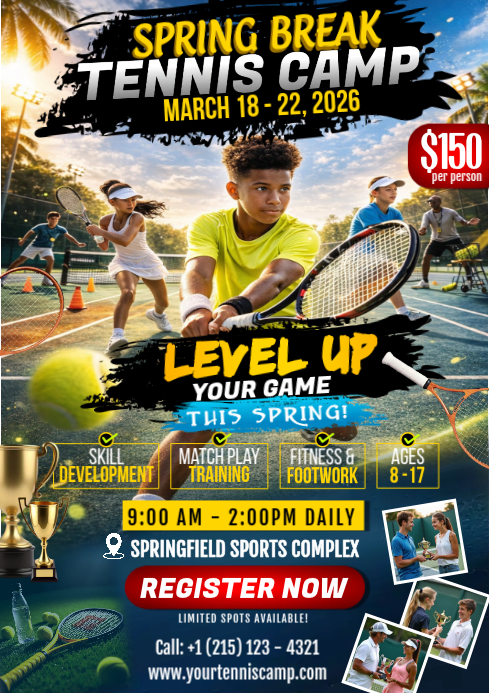 Spring Break/ Summer Tennis Camp Flyer Poster A4 Template | PosterMyWall