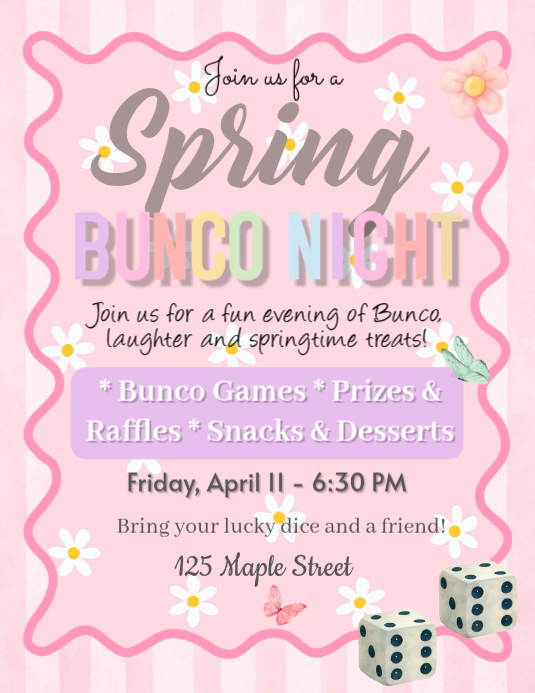 Pink Spring Bunco Night Flyers Template | PosterMyWall
