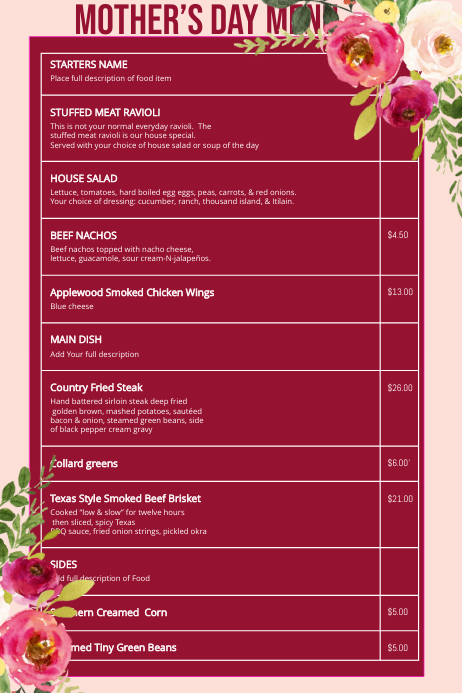 Der Menukarte Fur Den Muttertag Vorlage Postermywall