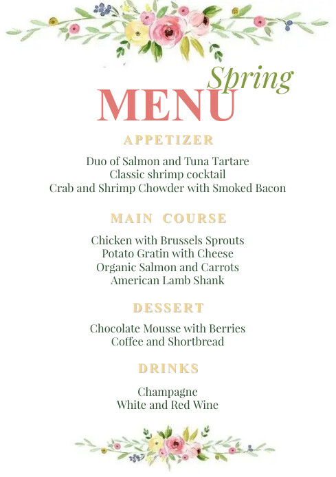Spring Main Menu Copy of Spring Menu A4 | PosterMyWall