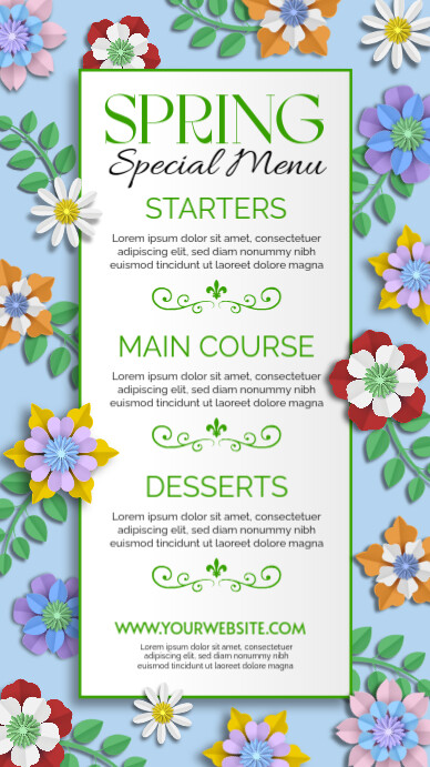 Spring Into Spring Lunch Flyer Copy of spring pecial menu flyer with paper flowers and leaves ...