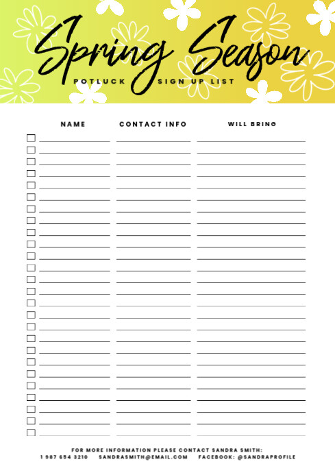 Spring Season potluck list template free A4