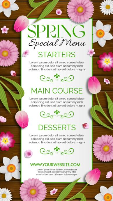 Copy of spring special menu flyer with flowers on wooden table ...