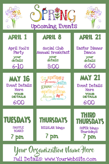 Copy of Spring Upcoming Events Calendar Newsletter | PosterMyWall