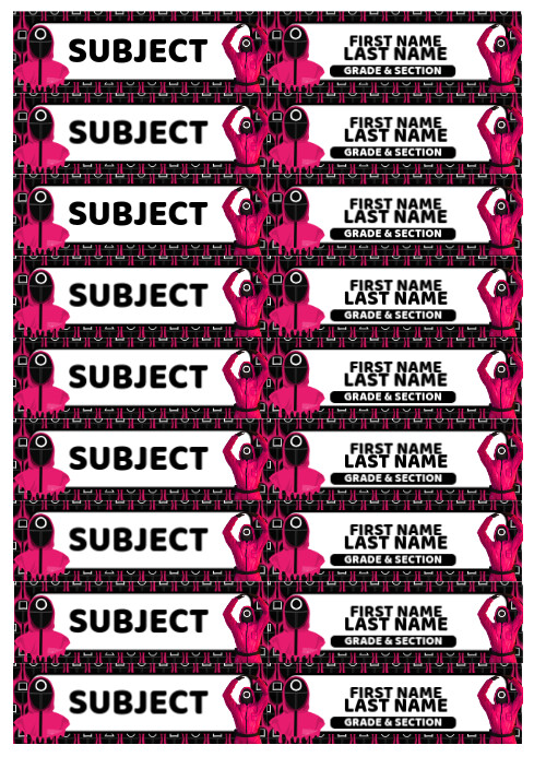 Squid Game School Subject Labels & name tag A4 template