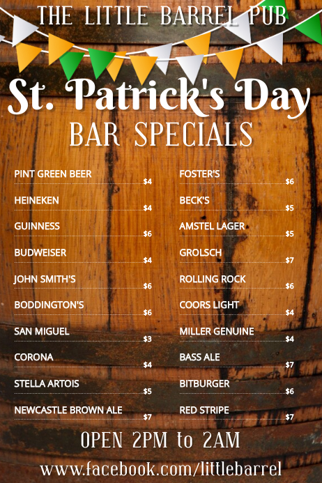 St Patrick's Day Specials Bar Menu Template Poster