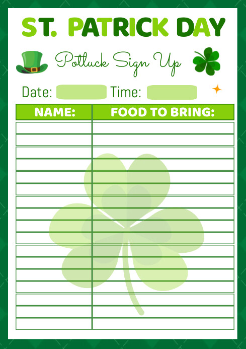 St Patrick's Potluck Sign Up A4 template