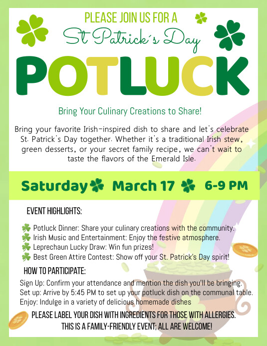 Irish Potluck Wording For Invites St. Patrick's Festival At Tannery