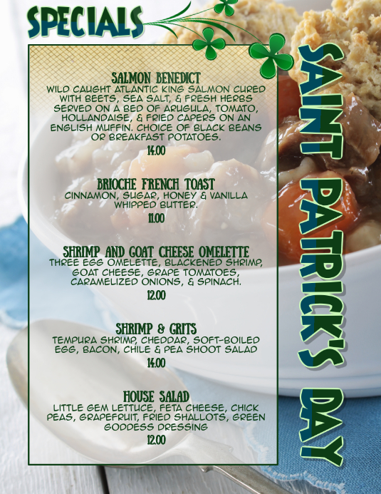 st patricks day Brunch dinner Specials Menu flyer Template PosterMyWall