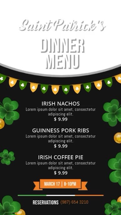 St Patrick S Day Dinner Menu Digital Display Portrait Vide