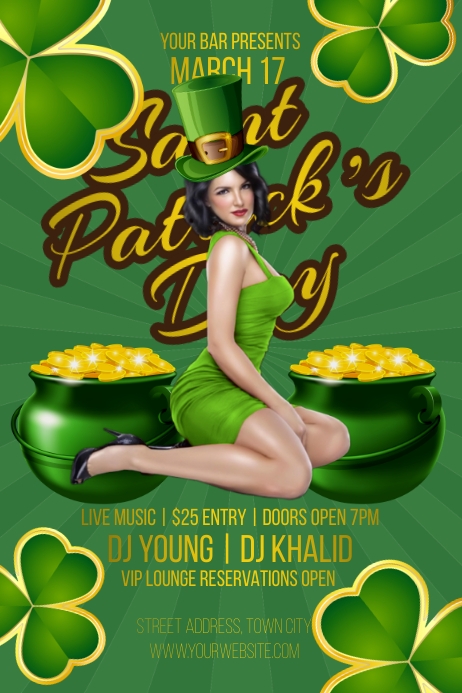 St. Patrick's Day Gold Pot Girl Green Dress Template | PosterMyWall St. Patrick's Day Gold Pot Girl Green Dress Template | PosterMyWall