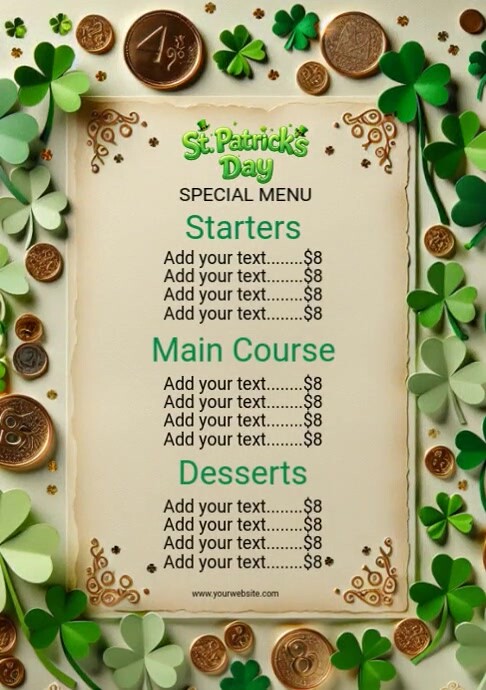 St. Patrick's Day Menu A4 template