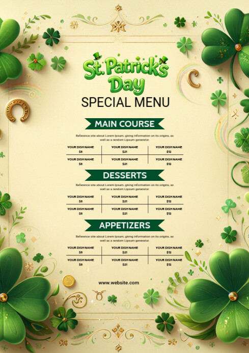 St. Patrick's Day Menu A4 template